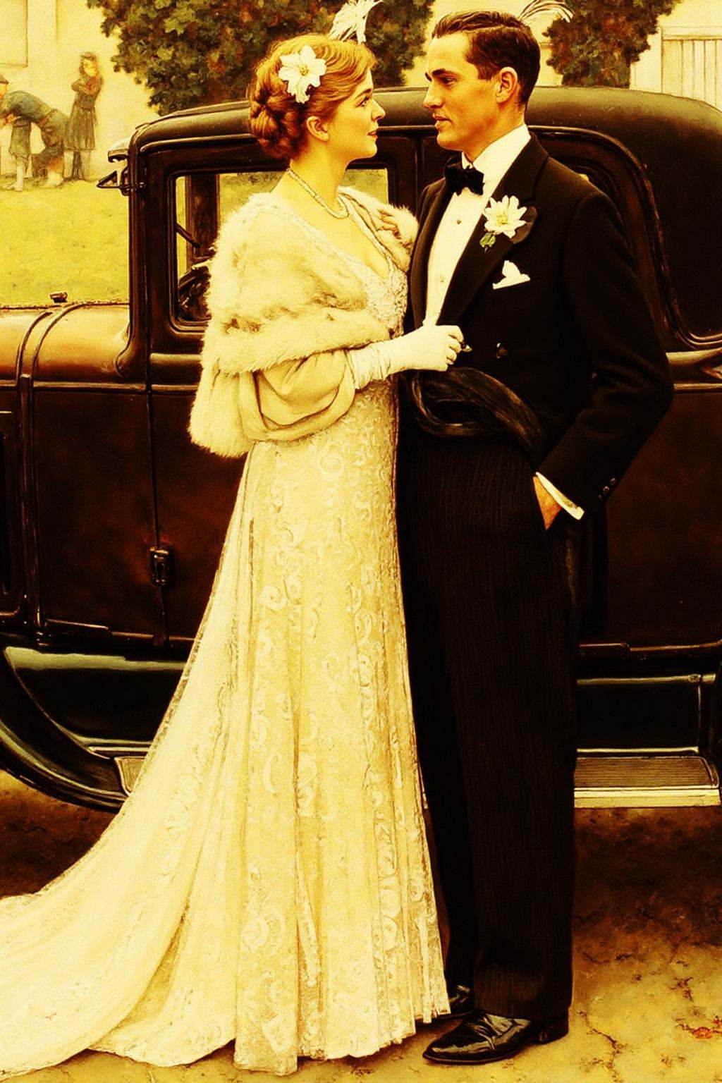 normanrockwell1 painting. A couple in formal attire standing in front of a classic car from the 1920s. The woman on the le...