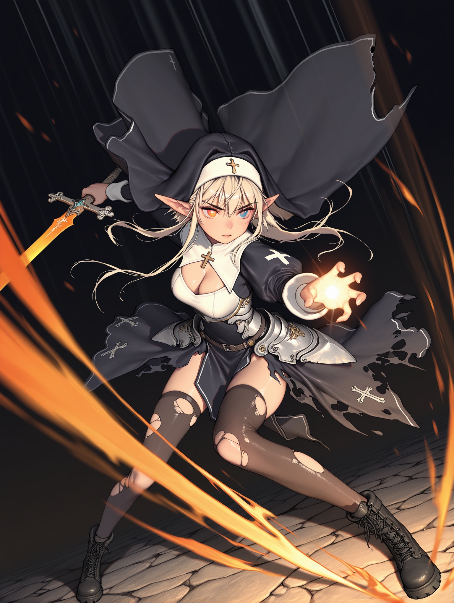 (chyoel:0.5),(iuui:1.3),(aochoku:0.65),(jima:0.4),(shanyao jiang tororo:0.4),(kim hyung tae:1.3),1girl,elf,nun,cleavage cutout,armored dress,torn_skirt,combat boots, torn thighhighs, heterochromia, cross-shaped pupils,  holding sword, fantasy,dynamic pose,dynamic_angle,casting spell,fighting stance, glowing ember,motion_blur,speed_lines,lens_flare,Cinematic Lighting,dark,sunrise stance, ,masterpiece,best quality,amazing quality,