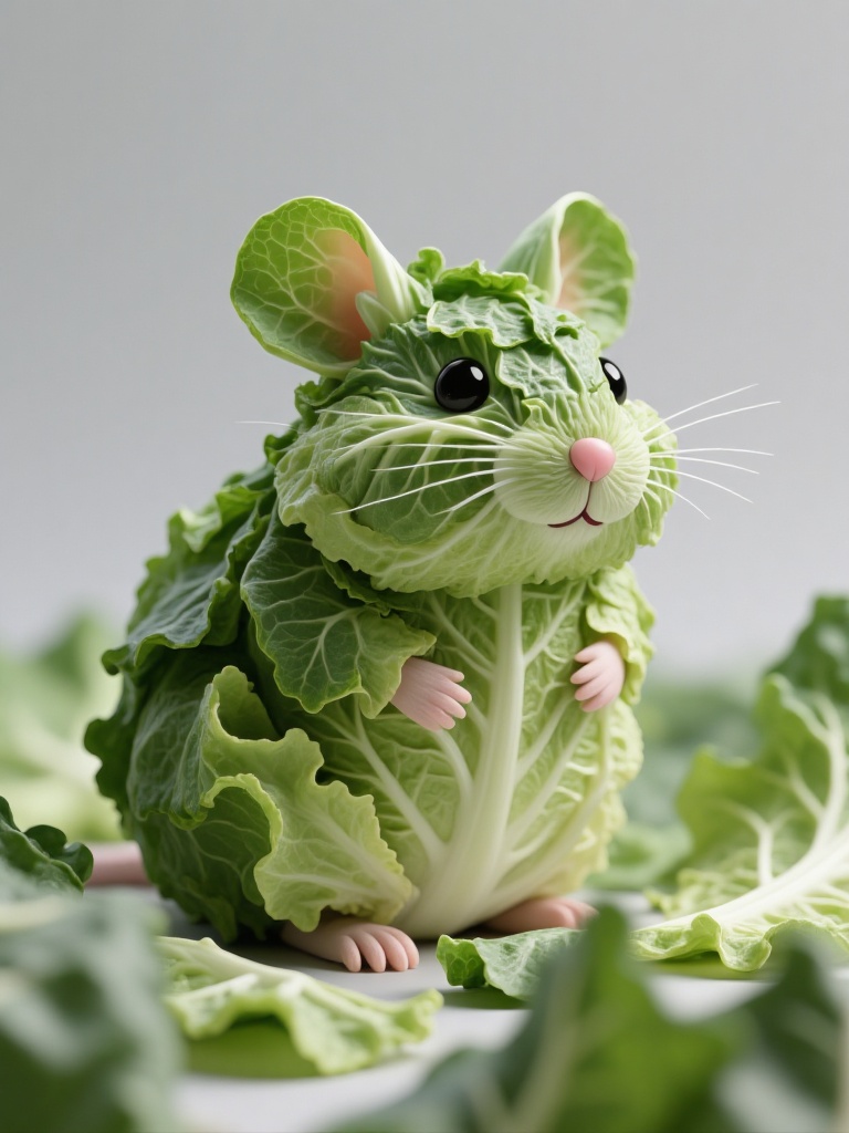 wgsc,  a cute,  anthropomorphic mouse made entirely of green leafy vegetablesThe mouse has a sturdy body composed of vario...