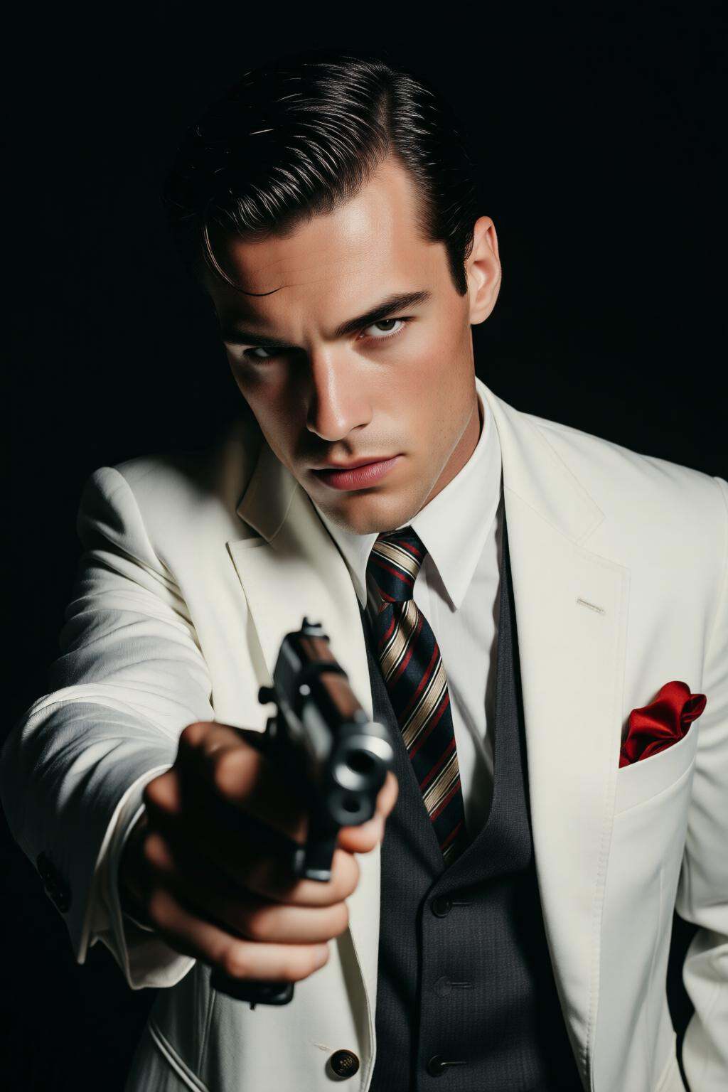 midjourneyhighangle13q High angle view.A man with slick back hair,  holding a gun. He is dressed in a formal suit with a w...