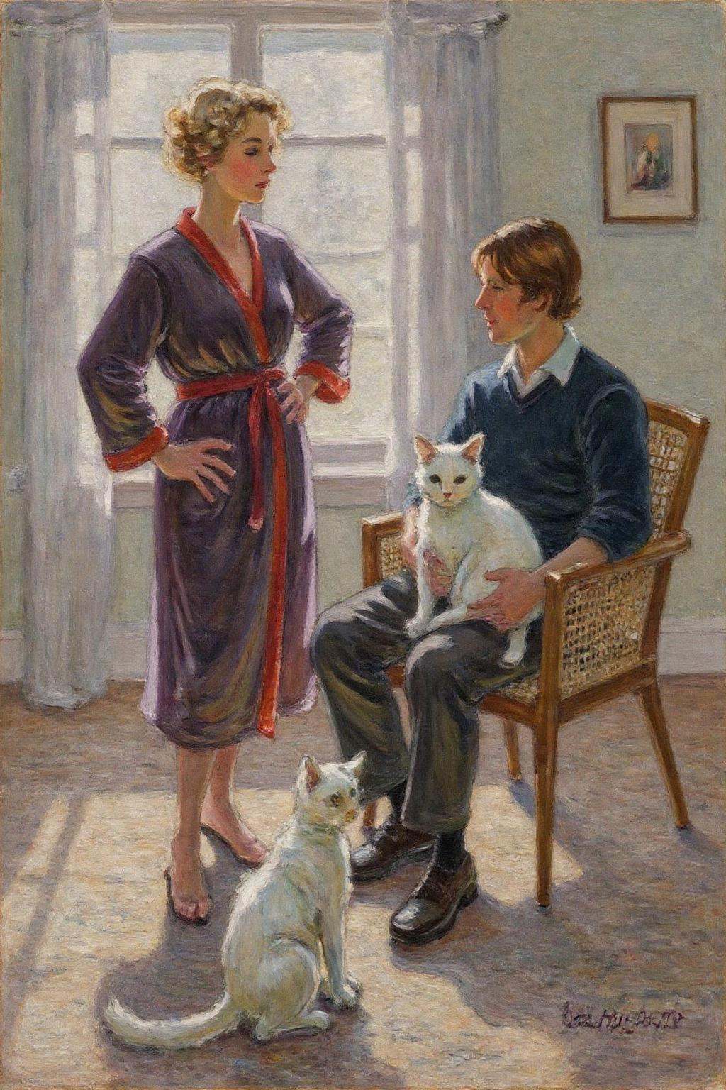 dorotheasharp1 painting. A serene,  intimate scene set in a softly lit room. The artwork features two people and a cat. Th...