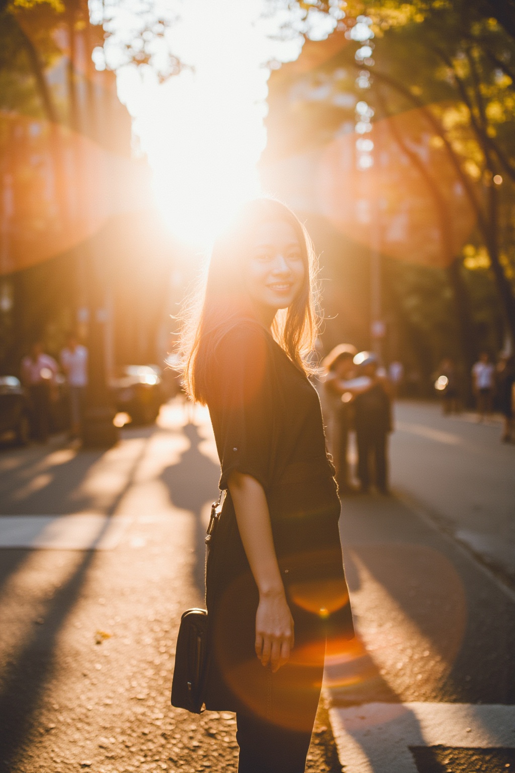 film grain,Asian girl,Teenage girl smoking,YKF_backlit,Backlit silhouette photography,liangyi san,Warm golden light of sunset casting long shadows, street photography, a young girl walking down the center of a bustling street, her bright smile illuminated by the soft, warm glow of the setting sun, gentle lens flare and bokeh effects, vibrant city life in the background.,light master,