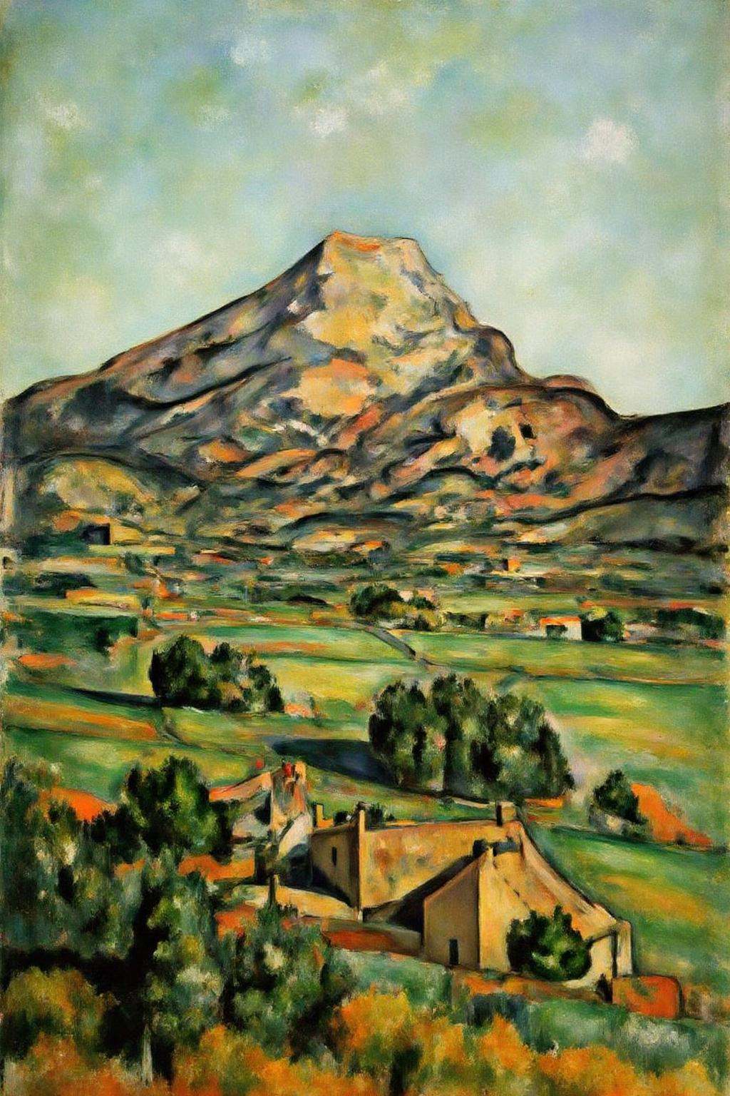 pau1cez painting.A rural landscape with a prominent,  rugged mountain in the background. The mountain,  rendered in earthy...