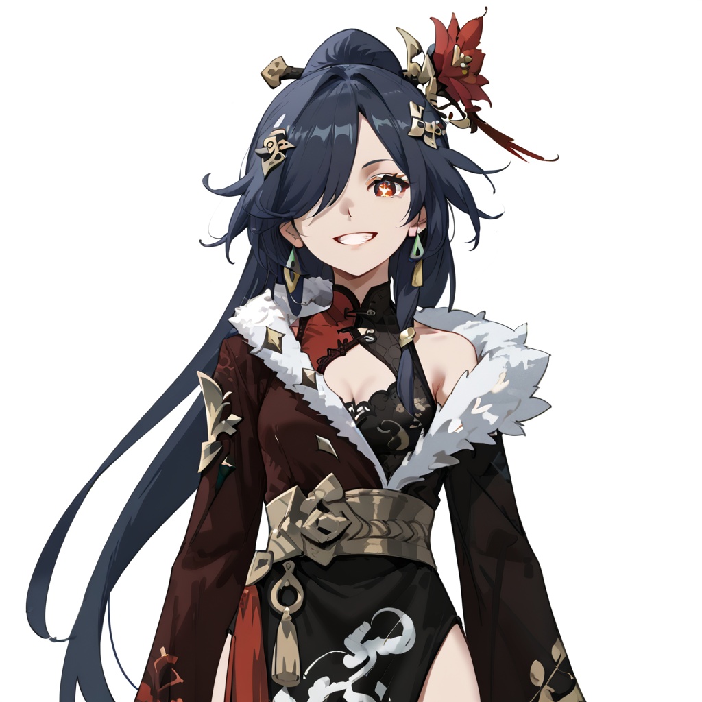 (white background:1.2),looking at viewer,(SOLO:1.4),outline,simple background,upper body, cowboy shot,looking at viewer,(((arms at side))),  senti,fu_hua,yellow pupils,diamond shaped pupils,long hair,ponytail,bangs,hair ornament,red eyes,hair over one eye,jewelry,earrings,grin,hair flower,chinese clothes,fur collar<lora:sentifeian-pony:0.8>