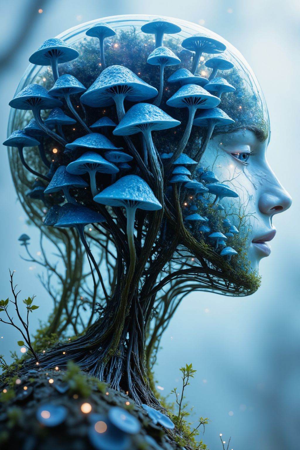The image depicts a surreal and fantastical scene where a human profile is seamlessly integrated with a forest of blue mus...