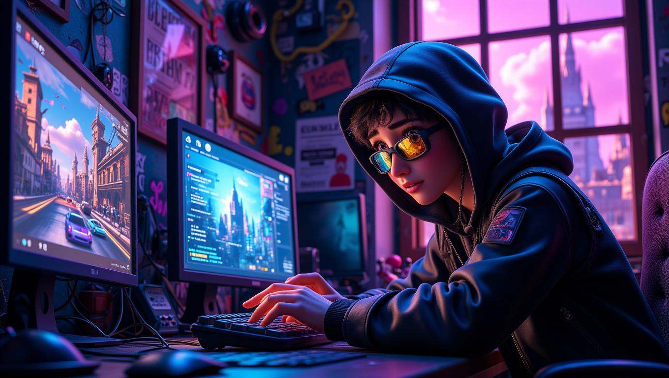 A cute cyberpunk hacker in a dimly lit room filled with multiple computer screens,  neon lights casting a blue and purple...