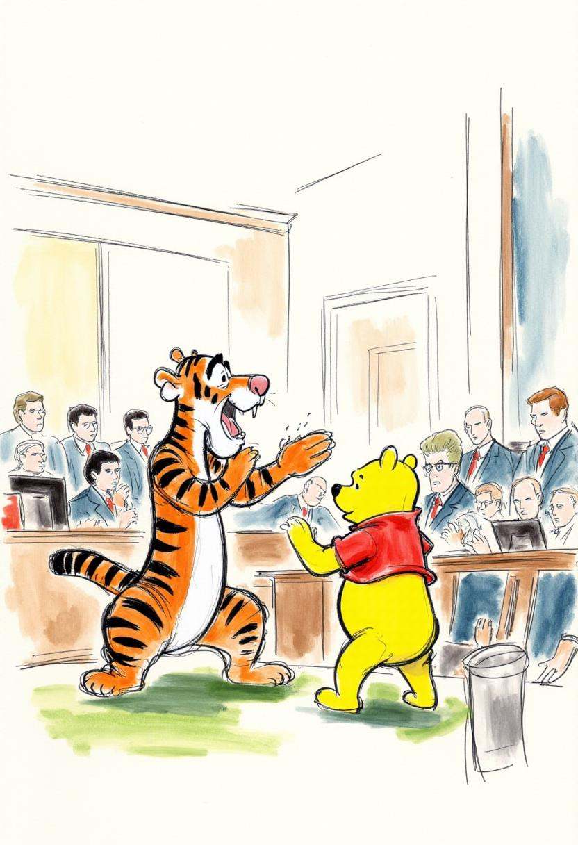 This is a detailed,  hand-drawn courtroom scene in a sketchy,  watercolor style depicting Winnie the Pooh and Tigger fight...