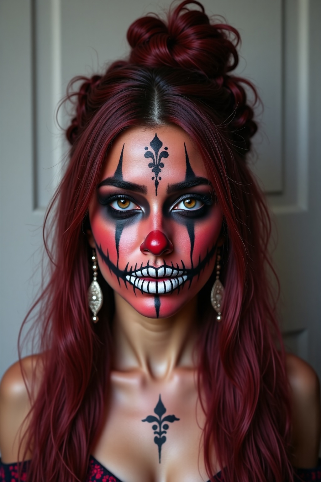 pr3ttyh0rr0r. beautiful woman with pr3ttyh0rr0r makeup with vertical eye makeup,  red face,  black lips on Tensor.Art