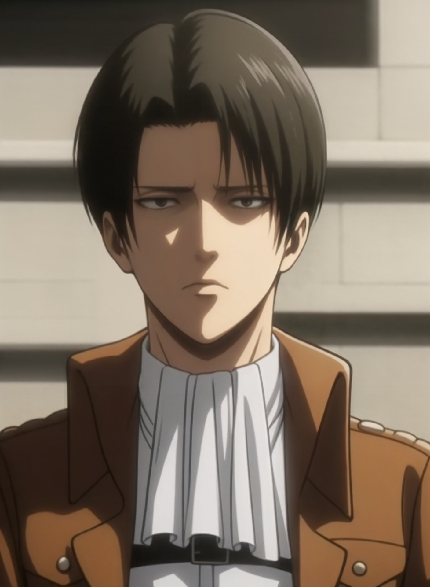 golden hour,highly detailed,ultra-high resolution,32K UHD,sharp focus,best-quality,masterpiece,Emotionalization,with a high-end texture,<lora:利威尔:0.6>,liweier,levi \(shingeki no kyojin\),1boy,male focus,solo,paradis military uniform,black hair,ascot,curtained hair,survey corps \(emblem\),crossed arms,jacket,emblem,black eyes,frown,Cinematic Lighting,incredibly absurdres,