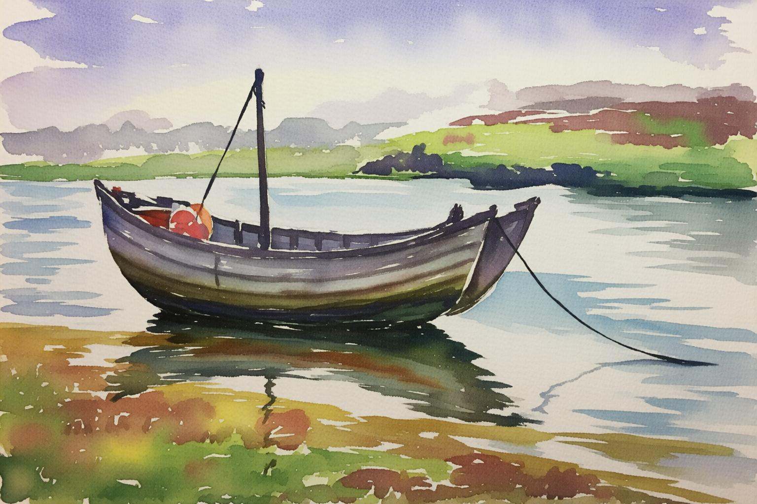 watercolorbasic2q watercolor painting.A small,  weathered wooden boat resting on calm water. on Tensor.Art