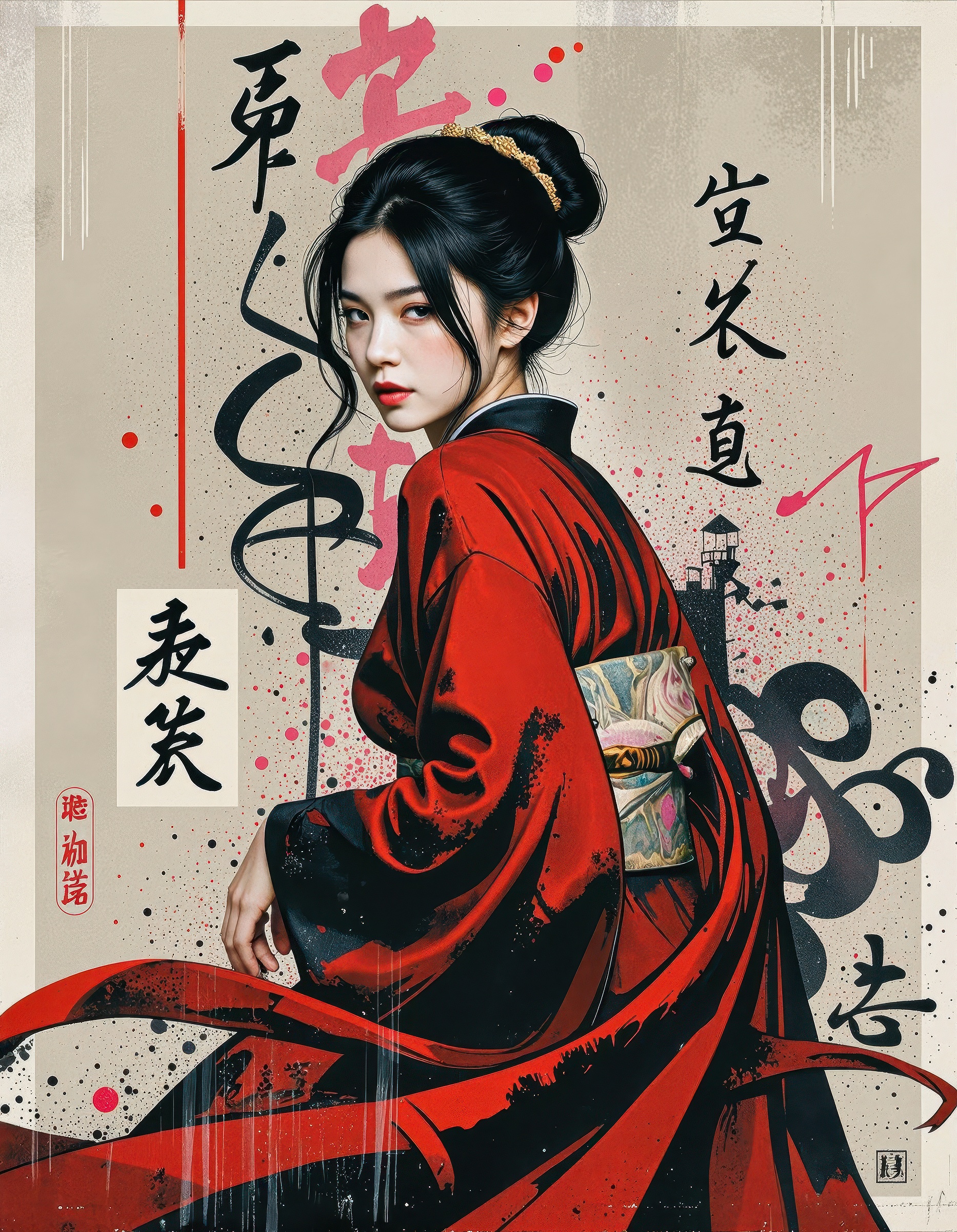 Poster art with stunning beauty Japanese woman with porcelain skin and long black hair in a tousled bun,  posing full body...