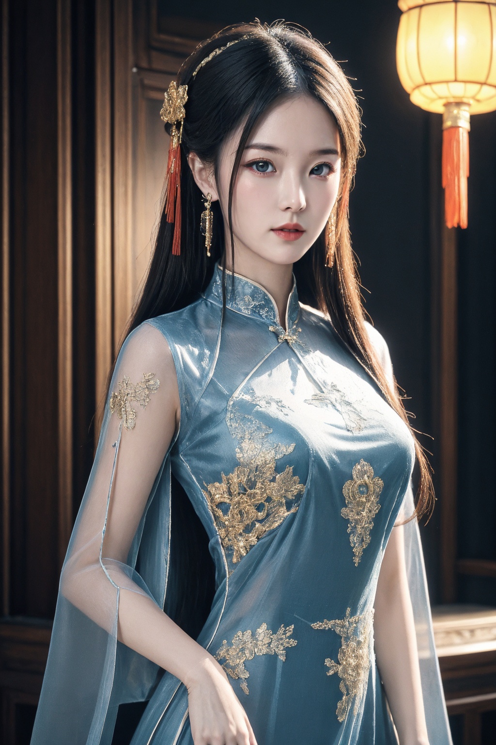 girl,upper body,long hair,reality,looking at viewer,earrings,hair ornament,see-through blue china dress,chinese style,