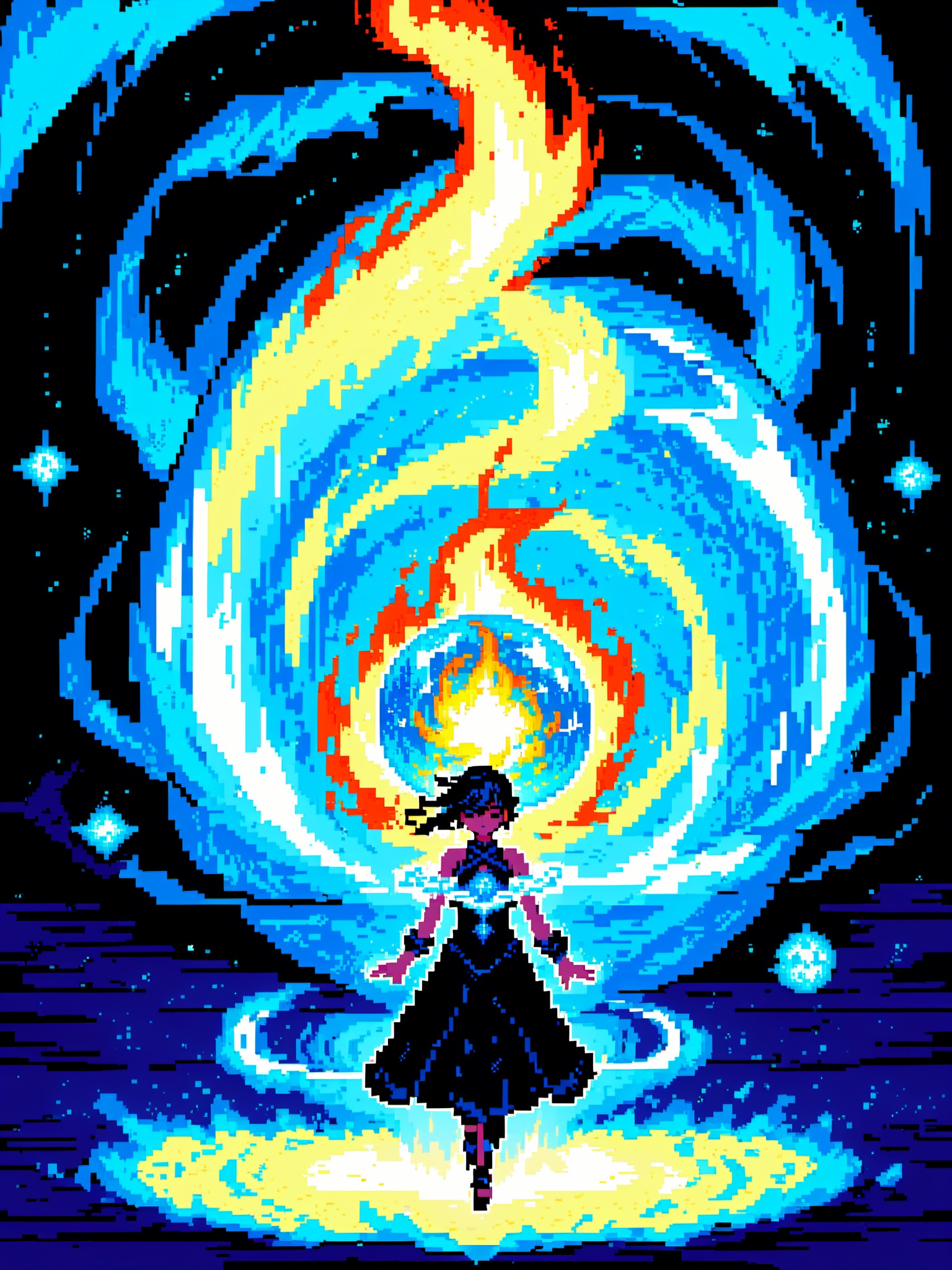 This is a pixel art image featuring a figure holding a glowing blue orb that emits a swirling pattern,  reminiscent of a f...