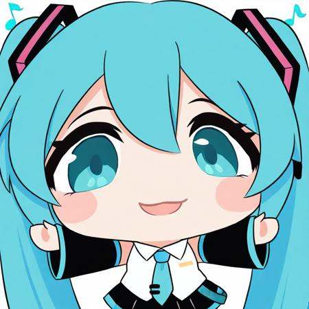 1girl,hatsune miku,twintails,necktie,solo,skirt,shirt,aqua hair,black skirt,aqua eyes,detached sleeves,long hair,sleeveless,white shirt,open mouth,white background,aqua necktie,black sleeves,sleeveless shirt,outstretched arms,very long hair,blush stickers,pleated skirt,hair ornament,miniskirt,bare shoulders,musical note,<lora:chibiportrait3_ill-xl-000200:1>,chibi,portrait,:3,