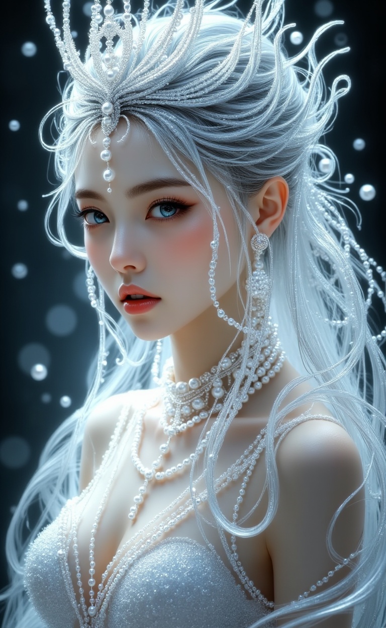 miluo_bx, This is a highly detailed digital artwork in a realistic, fantasy style. The subject is a young, ethereal woman with pale, porcelain skin and striking blue eyes. Her delicate facial features include full lips and high cheekbones. She has long, flowing silver hair adorned with intricate, sparkling decorations that resemble ice or snow, creating a shimmering, otherworldly effect.Her attire is minimalistic, consisting of a delicate, beaded necklace that matches the icy theme of her hair. The beads are small and reflective, adding to the luminous quality of the image. She wears a crown-like headpiece made of silver and adorned with pearls, which enhance the regal and mystical appearance. The background is dark and abstract, allowing the luminous elements of her hair and jewelry to stand out prominently.The texture of her hair and the beads appears silky and smooth, with a glossy finish. The lighting in the image is soft but radiant, highlighting the contours of her face and the intricate details of her accessories. This artwork combines elements of fantasy and realism, creating a captivating and surreal visual experience..<lora:米洛-冰雪奇缘-flux-12.7:1>