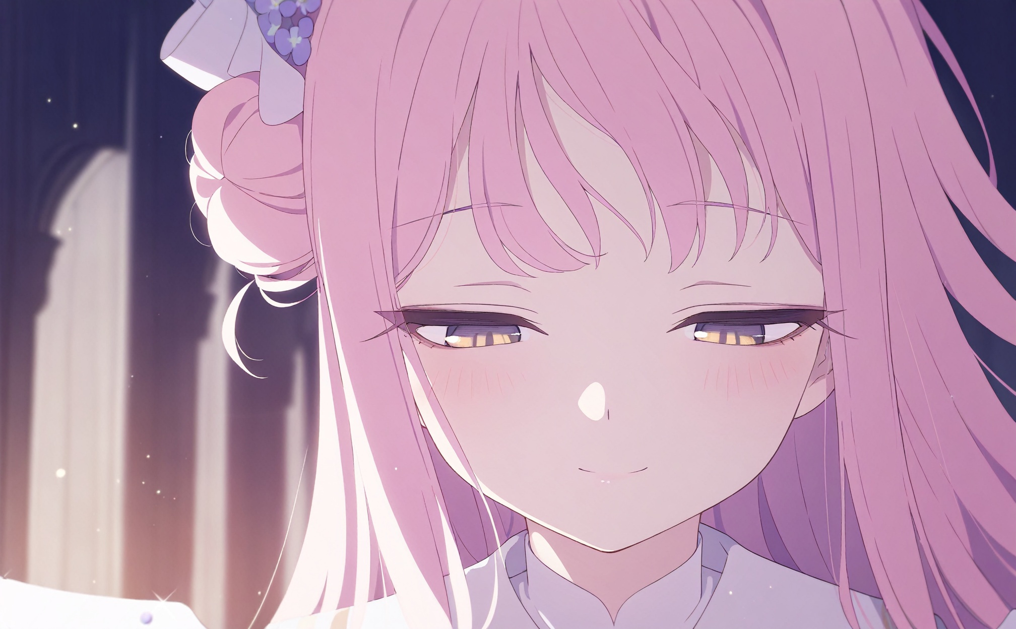 1girl, mika (blue archive), solo, pink hair, single side bun, hair bun, long hair, yellow eyes, smile, hair ornament, wings, hair flower, flower, white capelet, white wings, portrait, closed mouth, capelet, purple flower, white dress, dress, half-closed eyes, angel wings, blush, blurry, looking down, feathered wings, pillar,<lora:BA——【Illustrious】hans:1>,