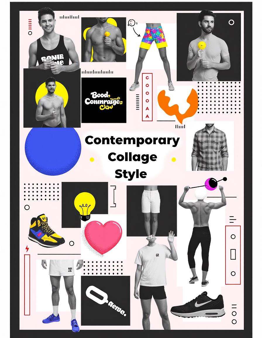 A poster with various trendy objects collages in the back,  A text which says "Contemporary Collage Art Style" right in th...
