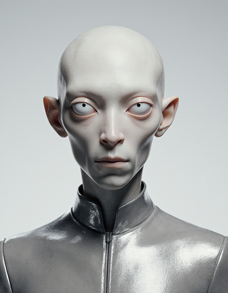 movie character,  hyperrealistic,  A tall and extremely thin humanoid alien with an elegant and regal posture. His skin is...