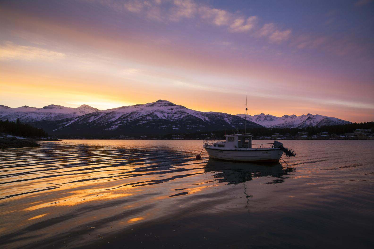 aurelmanea2q photography. A coastal scene at sunset. A small boat is floating on calm water,  reflecting the warm hues of...