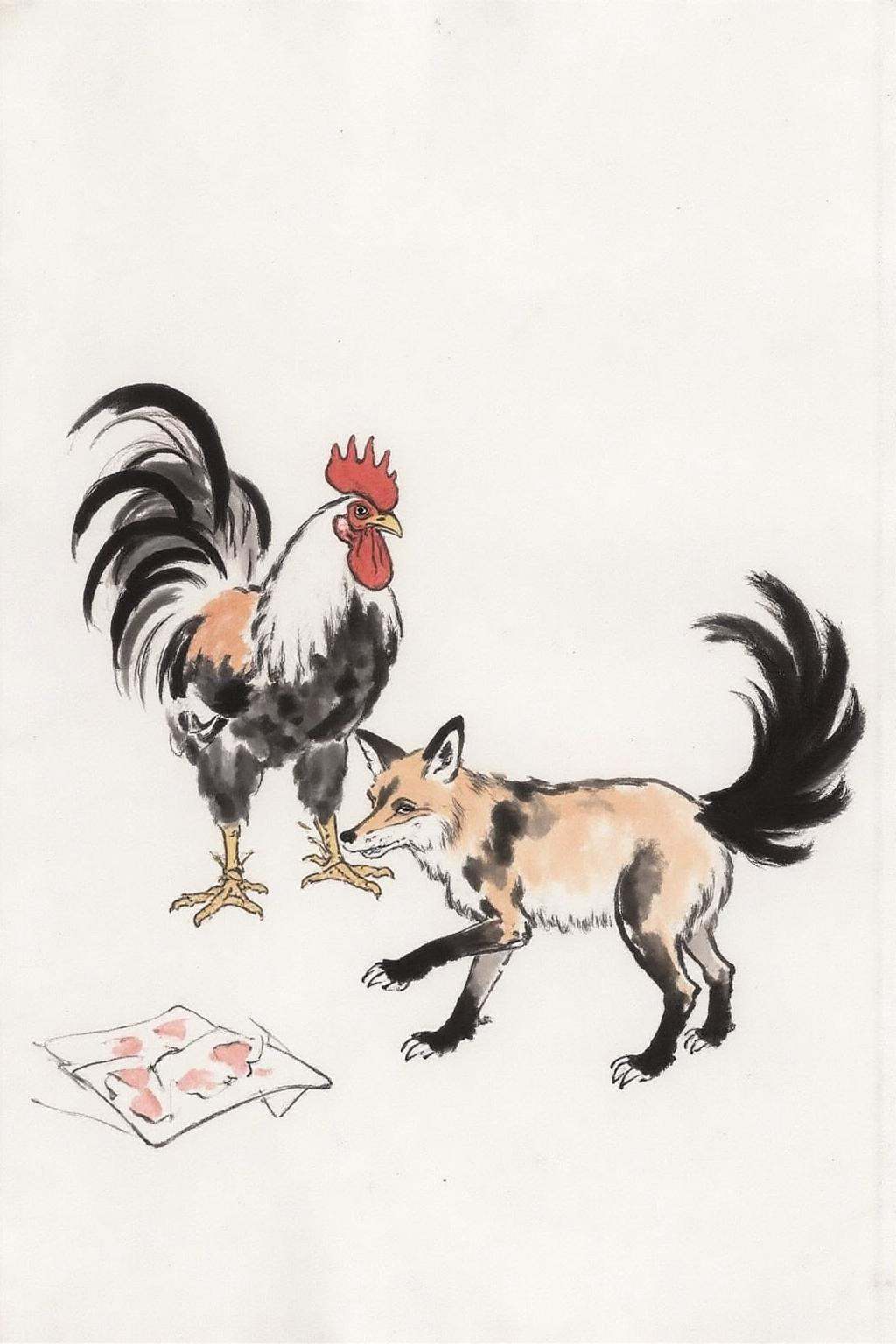 xbh1 ink wash paintingA rooster,  a hen and fox playing pocker on Tensor.Art