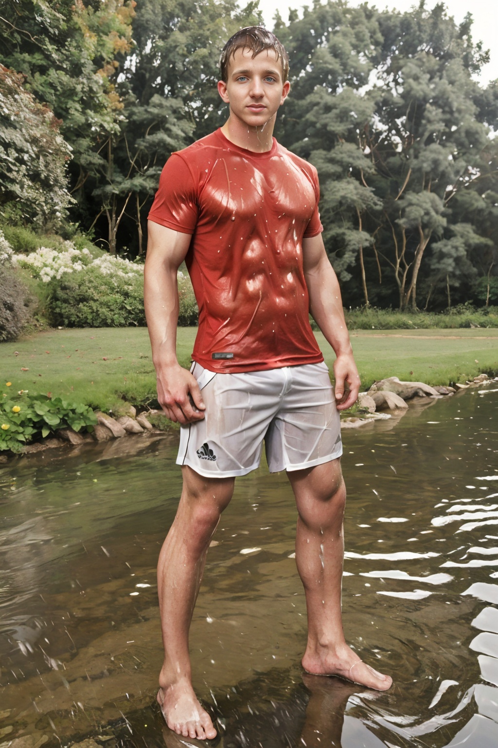 standing on the bank of a river,  soaking wet,  shrugging on Tensor.Art