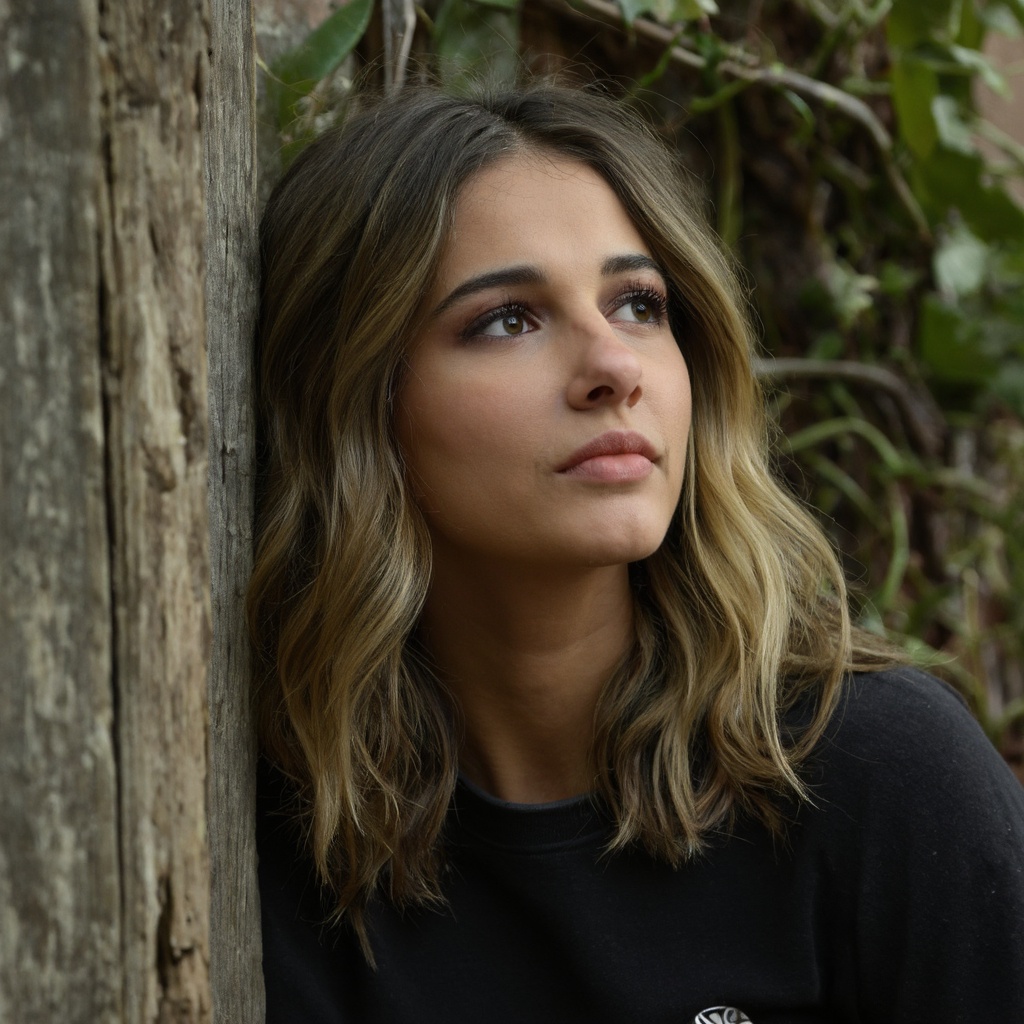 A portrait of naomi_scott with long,  wavy blonde hair,  captured in a side profile. She leans against a weathered wooden...