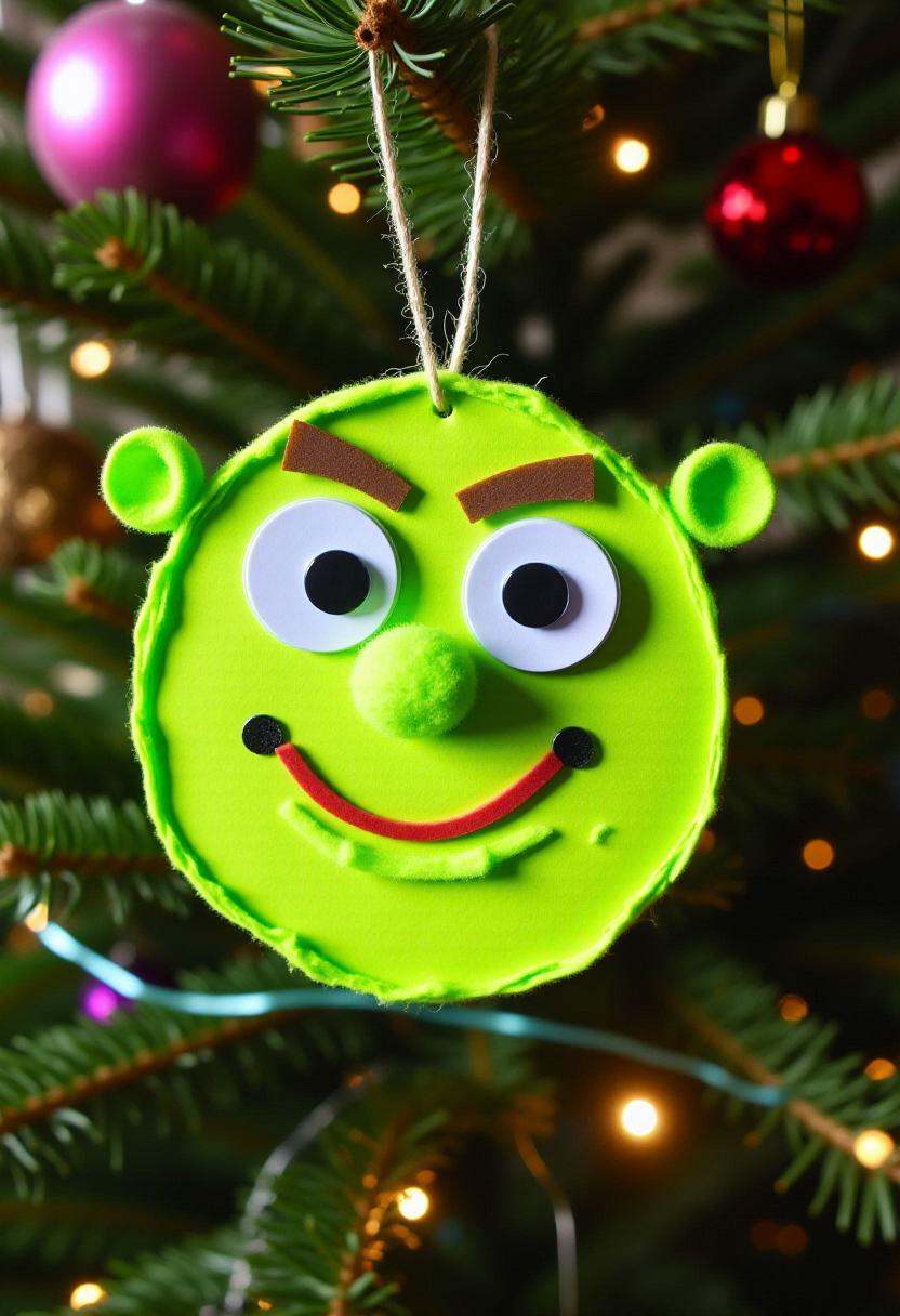 Photograph of a festive,  whimsical,  handmade Christmas decoration in the form of Shrek on Tensor.Art