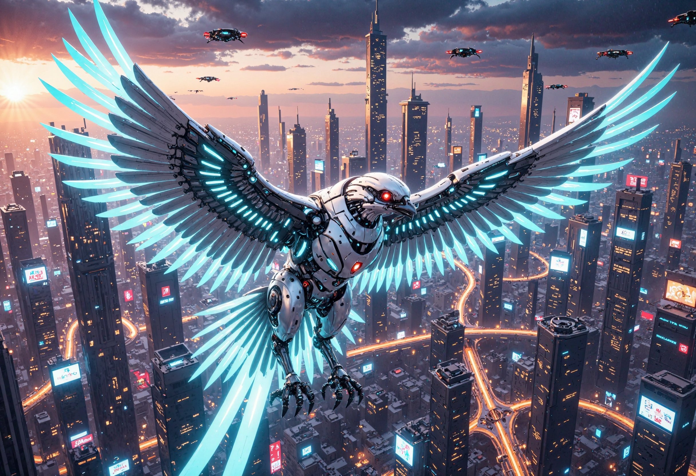 "A hyper-advanced,  ultra-detailed mecha falcon soaring through the skies of a futuristic metropolis. Its aerodynamic body...