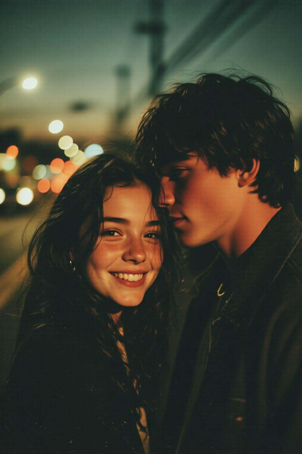 midjourneyanalog9 photograph.A young couple in a close-up portrait taken at dusk. The central figure is a American teenage...