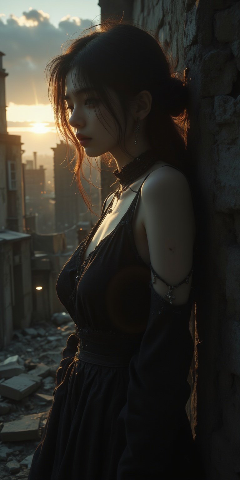 portrait of 1girl by Bill Henson,depressed,tears,streaming tears,ruins,shadows,dramatic lighting,sunset,contemporary,dark,expressionism,dystopia,industrial,,,