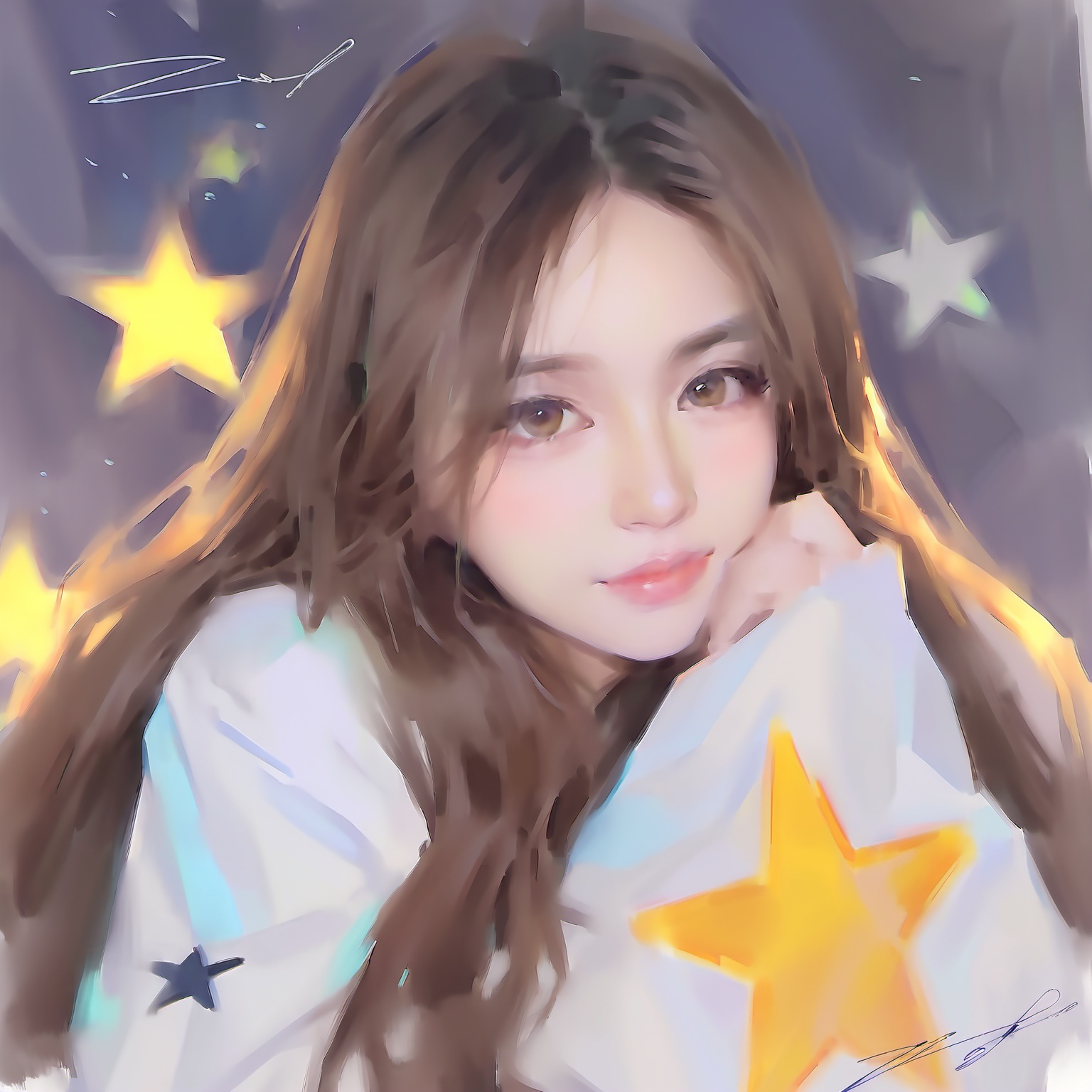 xuan_cai,1girl,solo,brown hair,brown eyes,lips,looking at viewer,long hair,upper body,signature,star \(symbol\),<lora:aki-000008:0.8>,