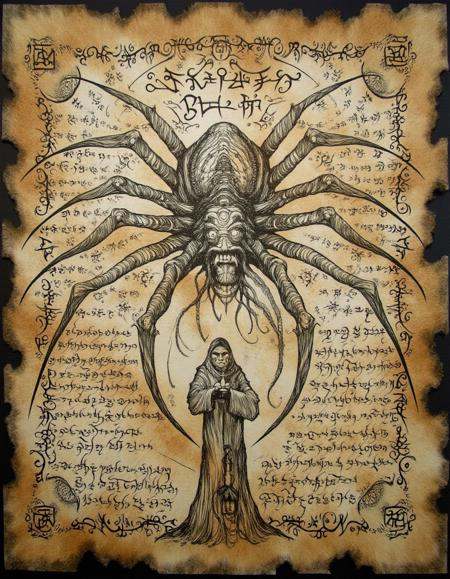 ncrnmcn,  An ancient manuscript displays a giant spider with a body covered in rune-like patterns. Its legs extend outward...