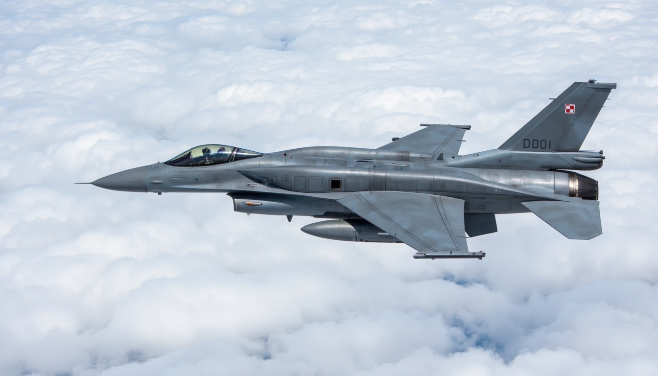 polishF16. The image is a high-resolution photograph of a military jet fighter aircraft,  specifically a F-16 Fighting Fal...