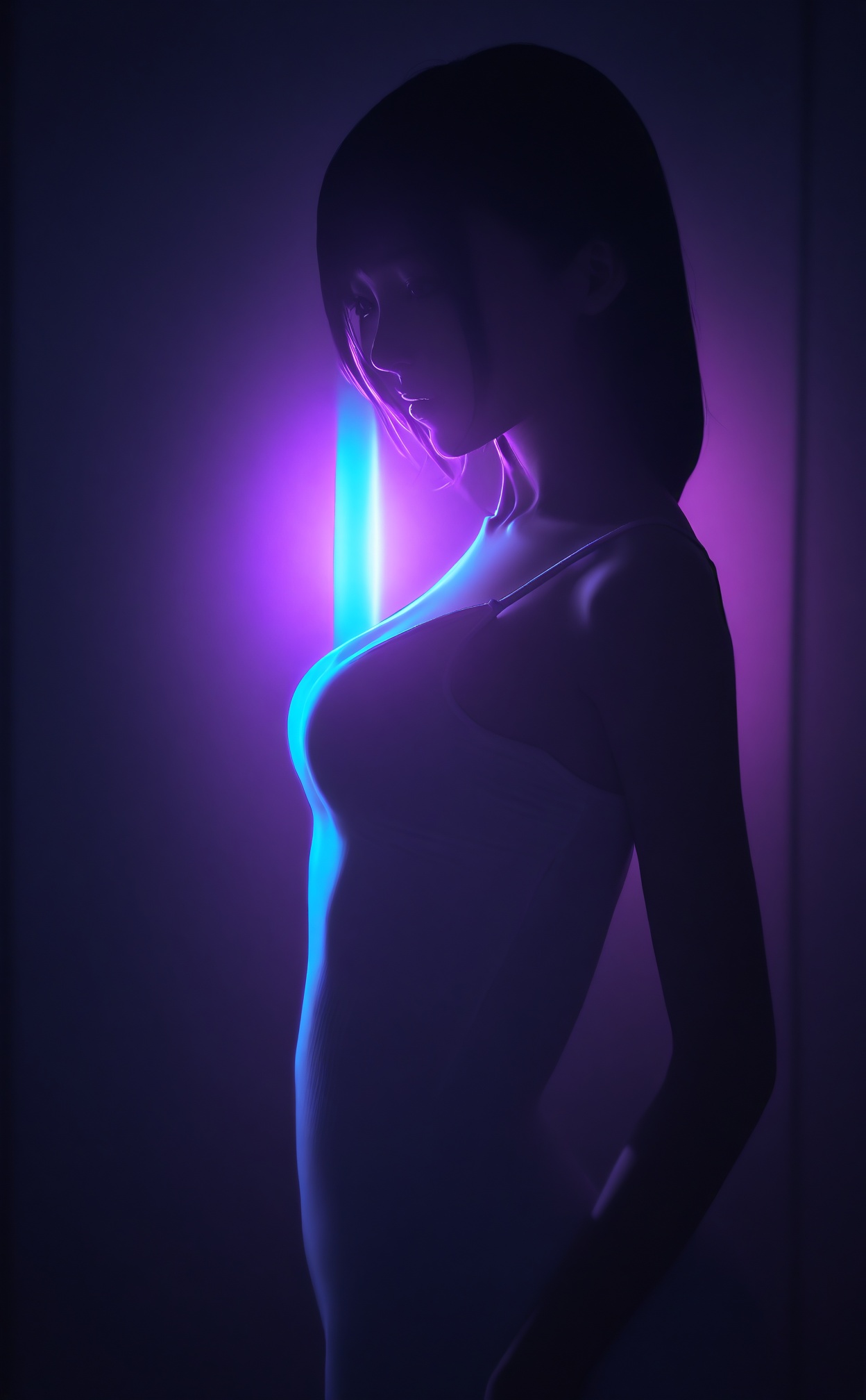 masterpiece,best quality,high quality,This waist-up close-up shot captures a young woman with fair skin standing in a dark, neon-lit alley. She is wearing a fitted white camisole that softly clings to her figure, emphasizing her curves. Beams of bright neon light slice through the air, creating a Tyndall effect as they illuminate the mist, adding a futuristic glow to the scene. The glossy walls of the nearby buildings reflect both the vibrant colors and her silhouette. Her long black hair shines as the light catches it, and her pale skin contrasts sharply with the dark, atmospheric surroundings. The image features ray-traced lighting, where the reflections and beams of light create a dramatic, high-contrast composition.