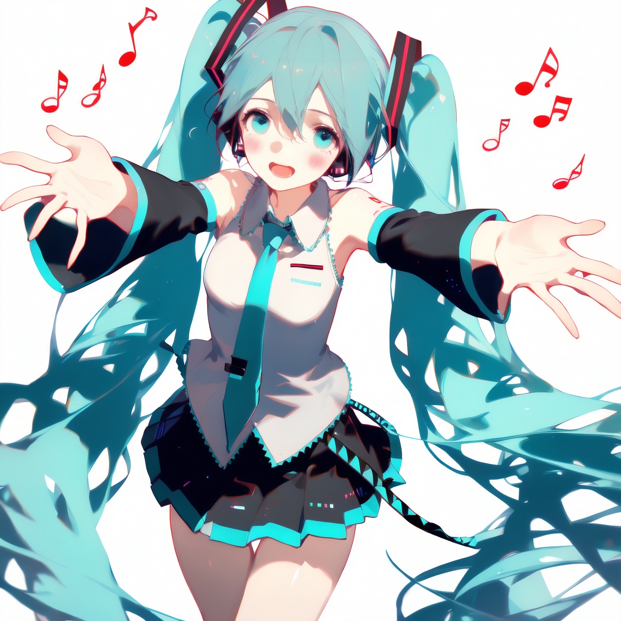 masterpiece,best quality,1girl,hatsune miku,twintails,necktie,solo,skirt,shirt,aqua hair,black skirt,aqua eyes,detached sleeves,long hair,sleeveless,white shirt,open mouth,white background,aqua necktie,black sleeves,sleeveless shirt,outstretched arms,very long hair,blush stickers,pleated skirt,hair ornament,miniskirt,bare shoulders,musical note,