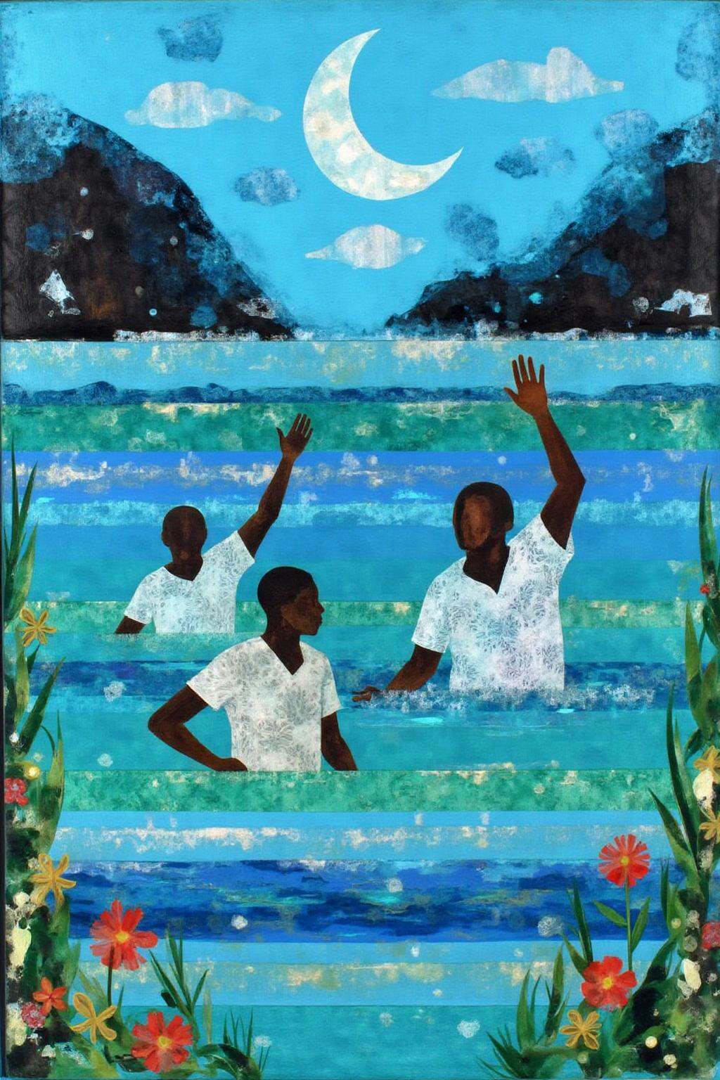 mixed media collage.a painting of three men in white shirts are seen in a body of water. The man on the right is waving hi...