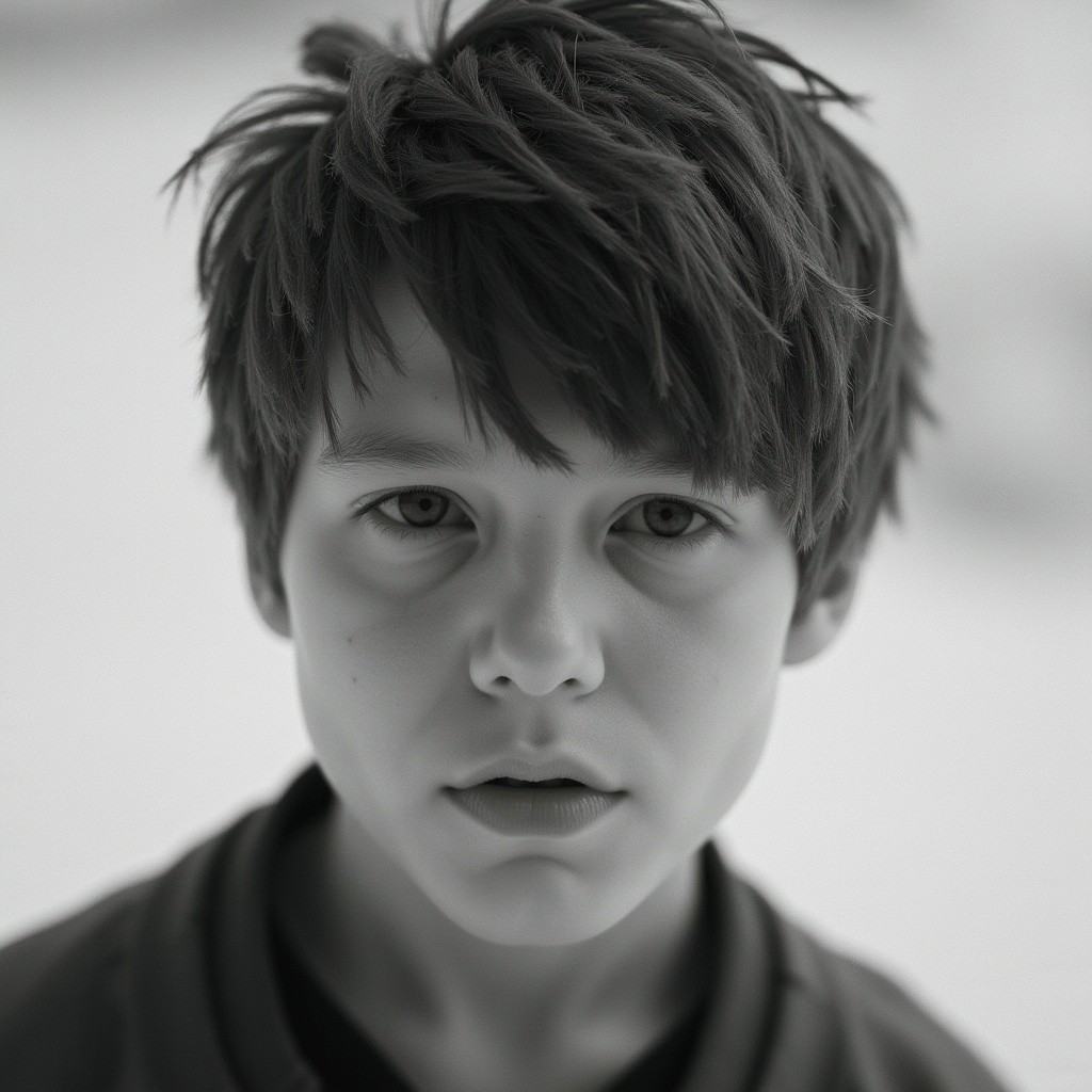 infrared image,  This is a black and white photograph of a young person with a short,  tousled haircut on Tensor.Art