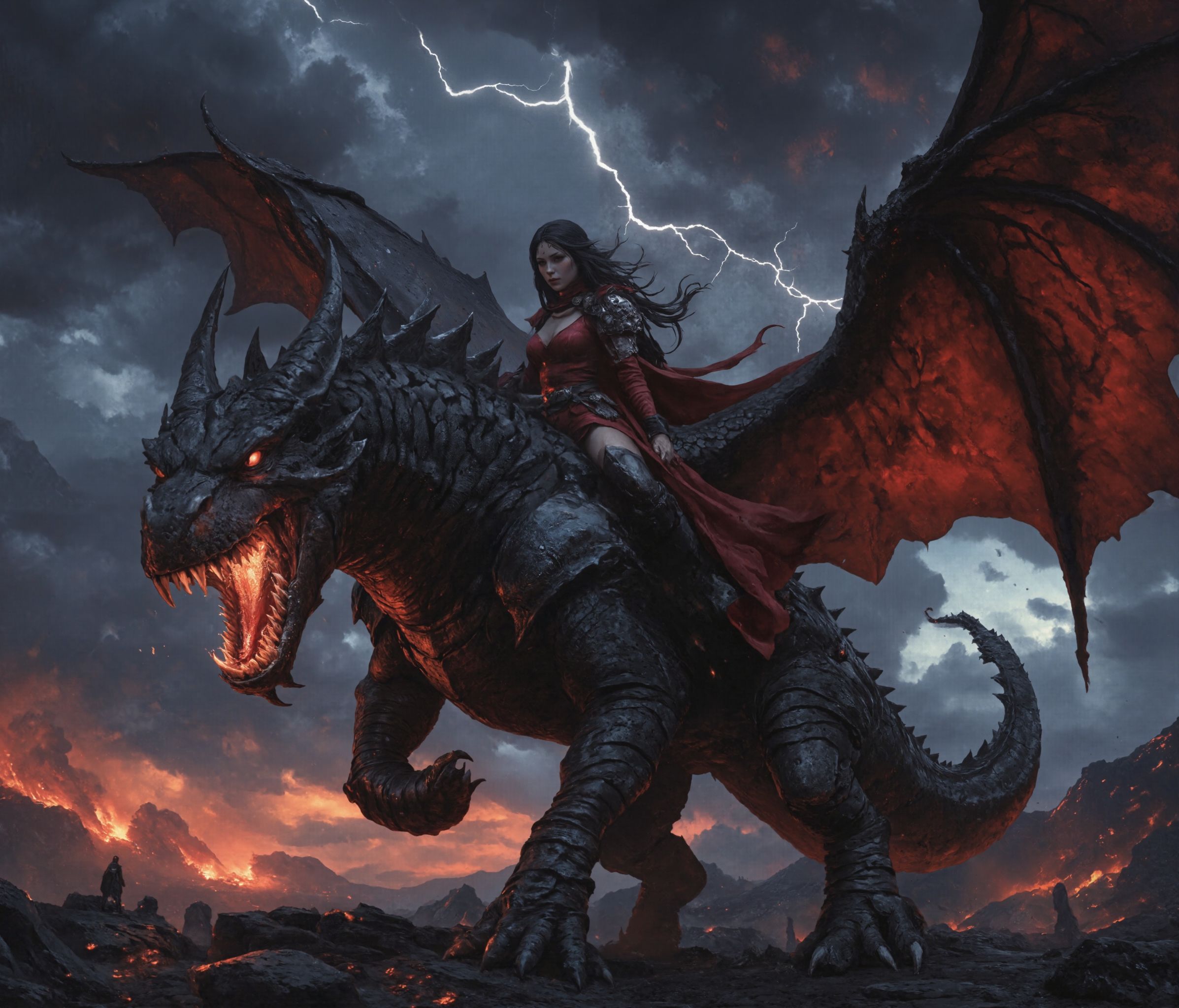 Create an epic fantasy scene featuring a tiny fierce warrior woman (wearing boob cutout amour) (boobs out) ,  (naked) ridi...