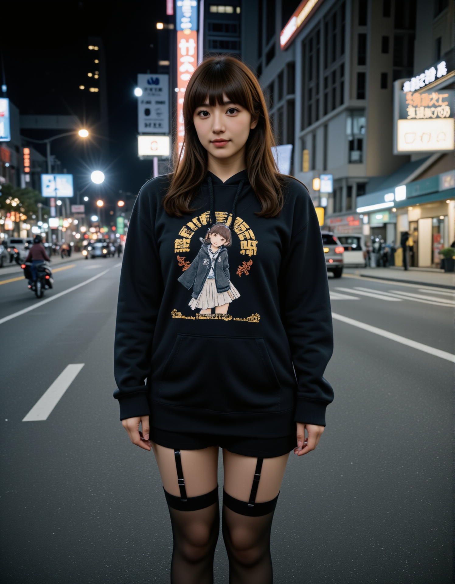 A young girl stands on a city street at night,  wearing a black hoodie with a graphic of a girl in a school uniform on the...