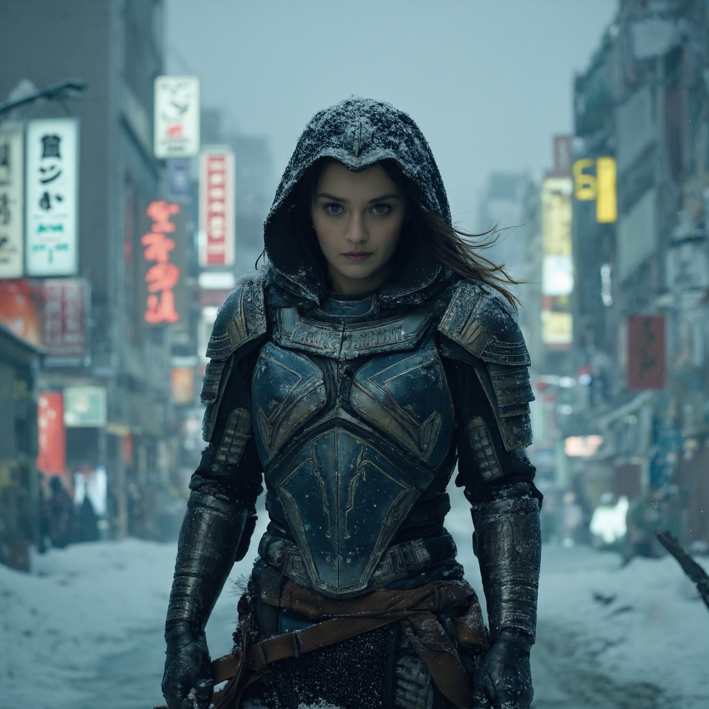 A vivid portrayal of olivia_cooke warrior in a snowy urban setting. She wears a detailed,  armored suit with a hood covere...