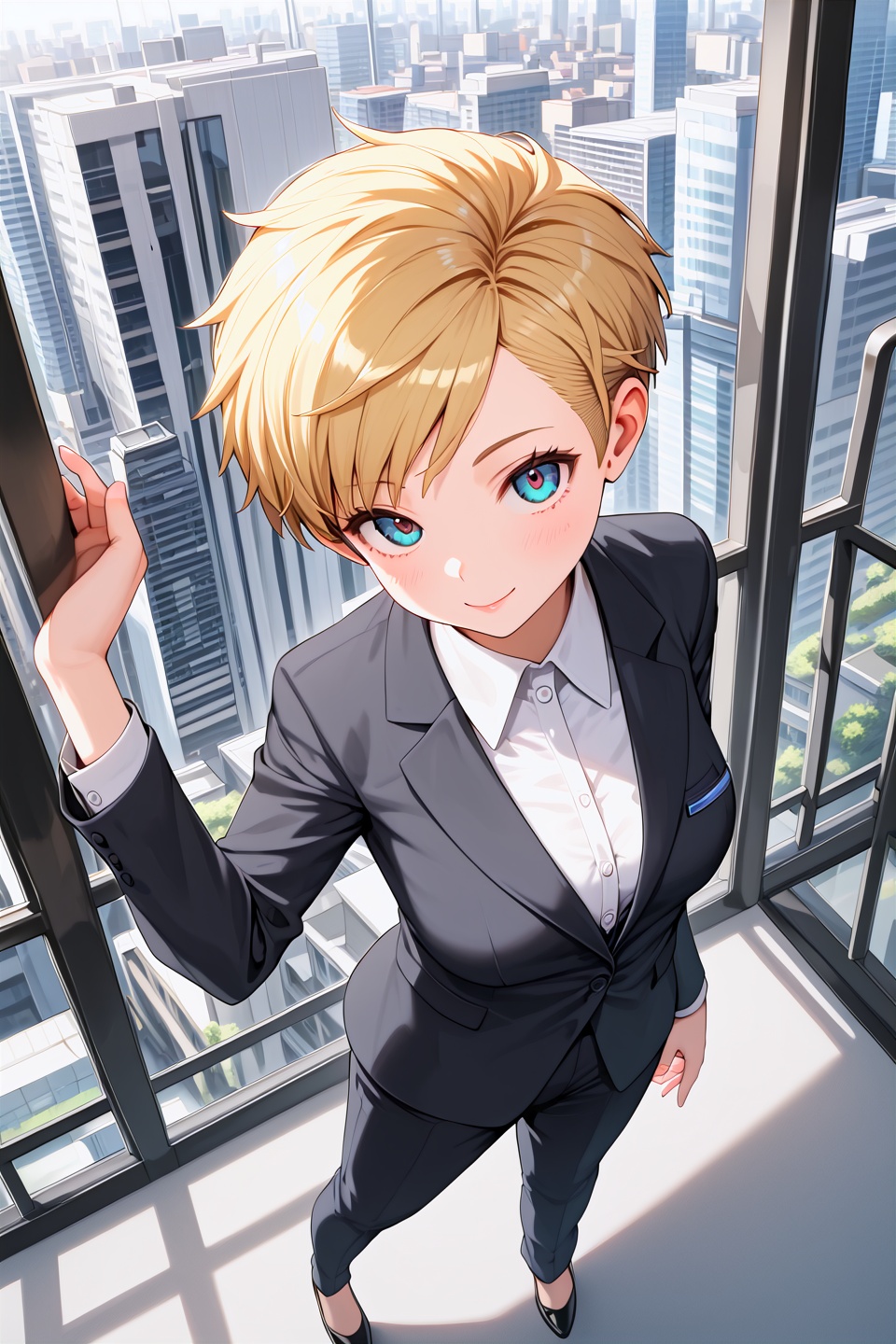 score_9,  best quality,dynamic,from above,1girl,city,blonde hair,pixie hair,looking at viewer,business suit