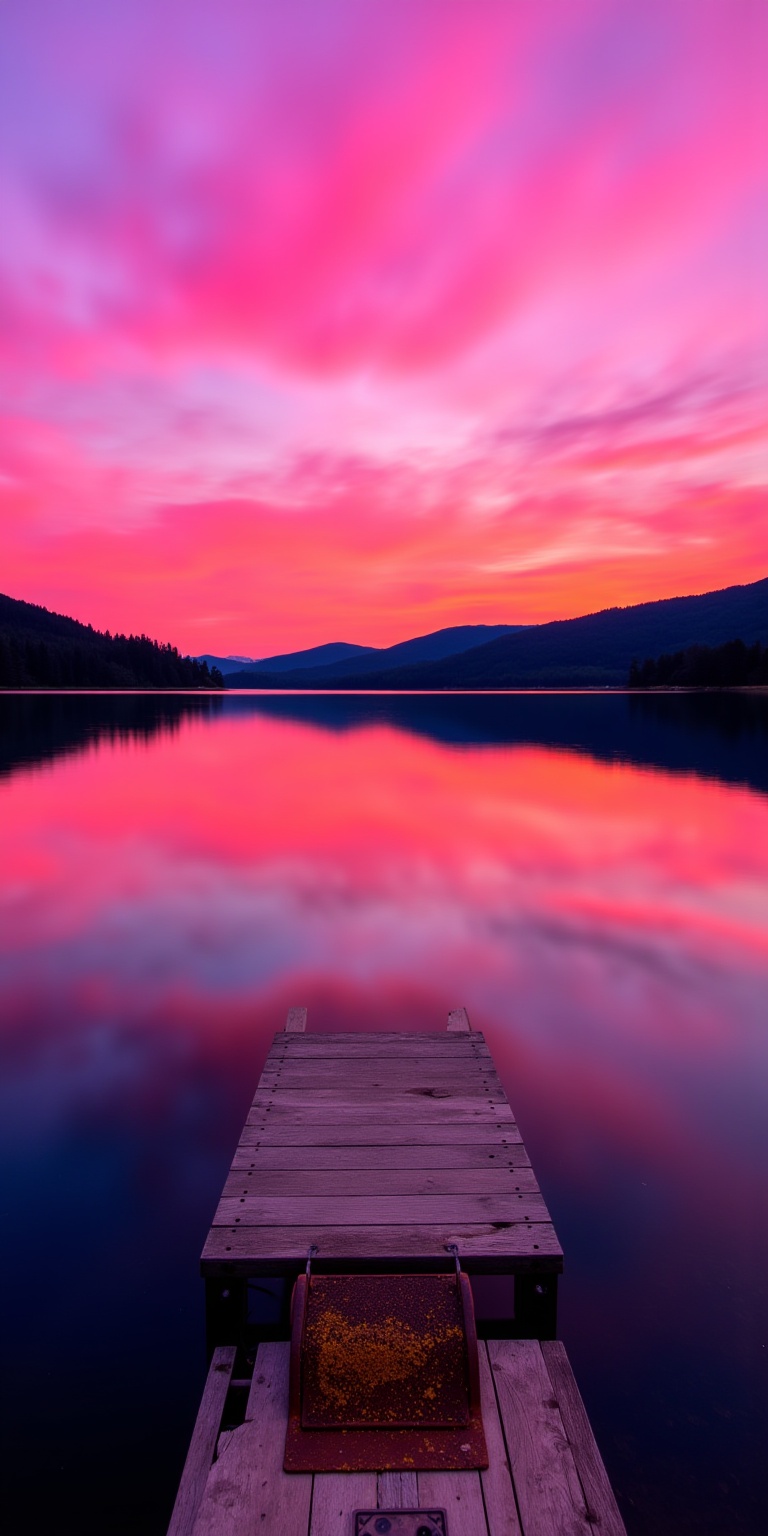 This photograph captures a serene lakeside scene at sunset,showcasing the tranquil beauty of nature. The image features a calm lake that reflects the vivid colors of the sky,creating a mirror-**** effect. The sky is ablaze with hues of pink,orange,and purple,creating a breathtaking gradient that stretches across the horizon. The water's surface is smooth,with minimal ripples,allowing the sky's colors to mirror perfectly.,In the foreground,a small,flat wooden dock extends into the lake,with a pair of rusty metal steps attached to it. The dock and steps are weathered,adding a touch of rustic charm. The steps are positioned towards the left side of the dock,pointing towards the middle of the lake.,The surrounding landscape features a dense,dark forest that forms the horizon,with the trees creating a silhouette against the vibrant sky. The forested hills in the background are slightly darker and less detailed,providing a natural frame for the scene.,The overall mood of the photograph is peaceful and contemplative,emphasizing the harmony between nature and human-**** elements. The colors,combined with the reflection,evoke a sense of tranquility and the fleeting beauty of the setting sun.,