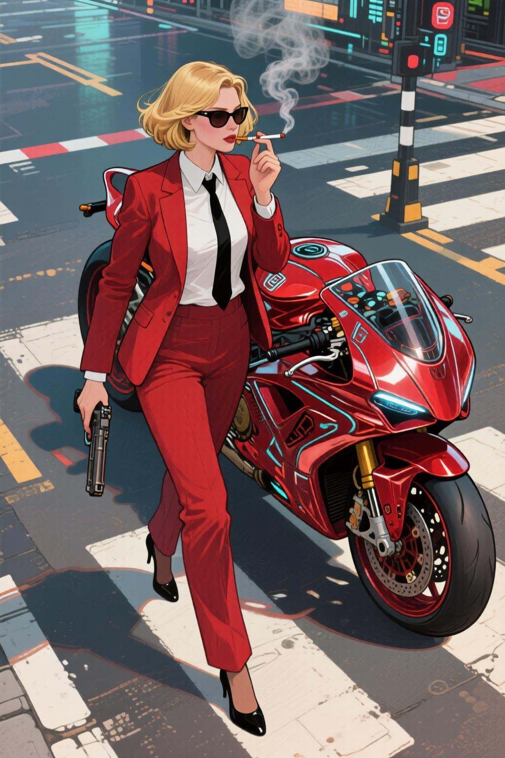 elizabethshippengreen2q illustration.High angle view of an Blonde woman walking away from a futuristic motorcycle parked a...
