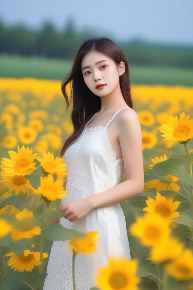 (mature body), (upper body:1.5), nikon RAW photo,8 k, Fujifilm XT3,masterpiece, best quality, realistic, photorealistic, ultra detailed, extremely detailed face, solo,1girl, standing, fashionable and trendy atmosphere, and a stylish expression on her face, full body, (narrow waist), white dress on field of sun flowers,,<lora:models/636/58b32527-05.safetensors:0.8:0.8>