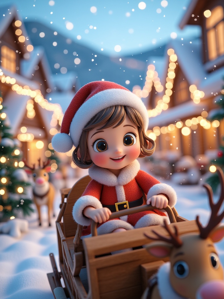 miluo_sdj, Photograph of a CGI Christmas scene featuring a cute, smiling, young girl with light brown hair in a Santa hat, driving a wooden sleigh pulled by reindeer. She's surrounded by festive houses, snow-covered trees, and twinkling lights. The background is a charming, snowy village bathed in warm, festive glow.<lora:miluo丨圣诞场景-卡通世界-flux-1.3:1>