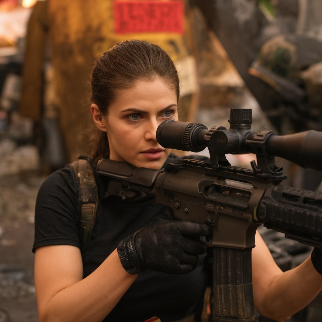 A vivid portrayal of alexandra_daddario soldier in a post-apocalyptic setting. She is in the foreground,  aiming a rifle w...