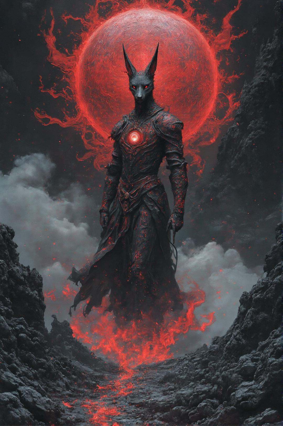 A mystical fox-like humanoid figure stands in a rocky,  dark landscape with a large,  glowing red orb behind them on Tenso...