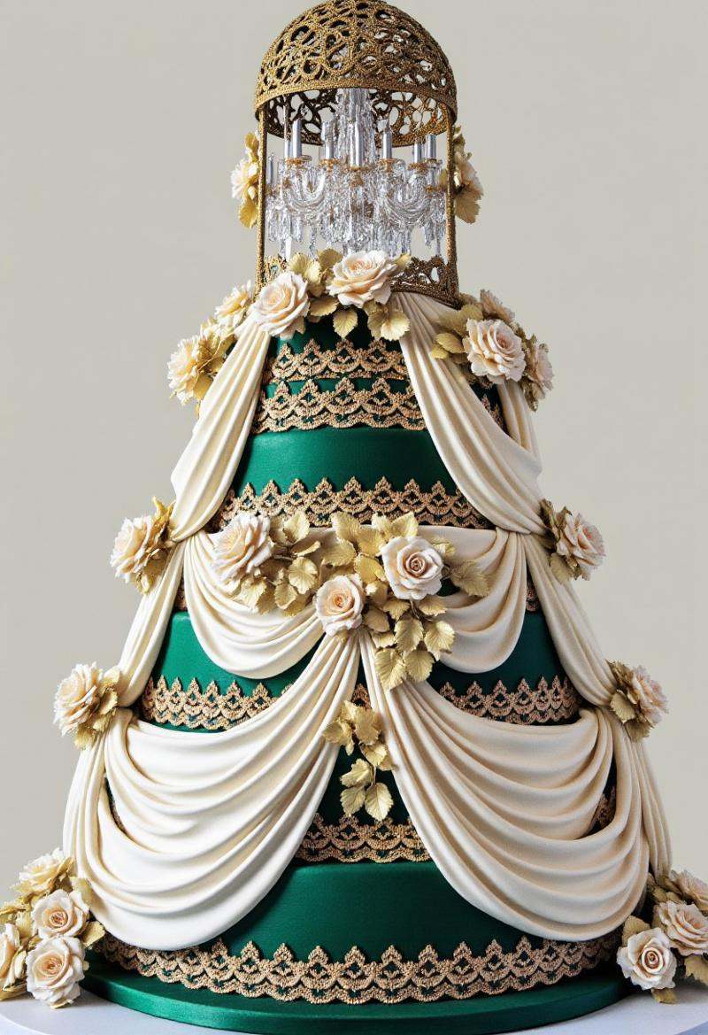 A towering 10-tier wedding cake inspired by the grandeur of a royal ballroom,  with alternating emerald green and ivory ti...