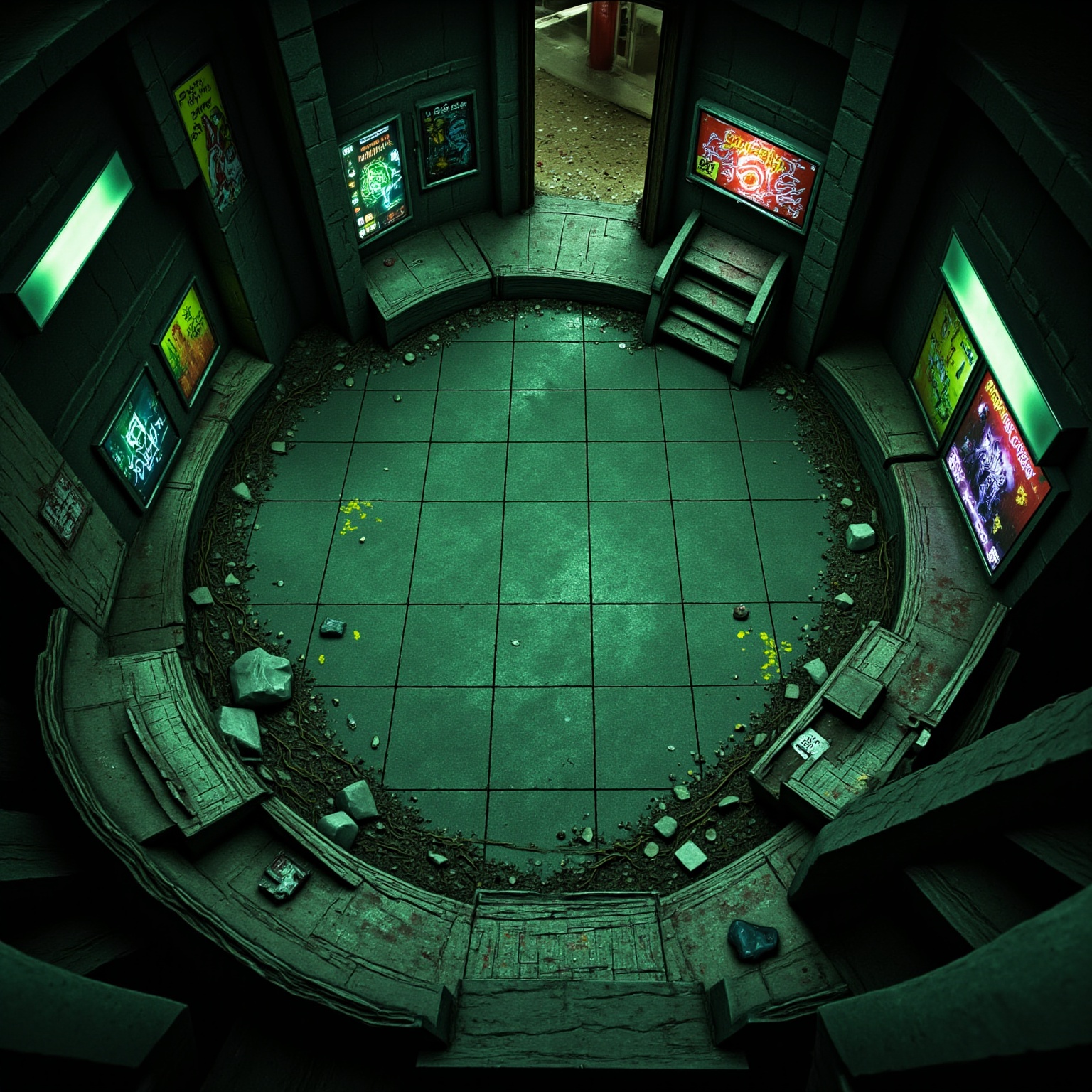 Top-down view of a cyberpunk metro station with flickering neon billboards,  graffiti-covered tile walls,  exposed wiring...
