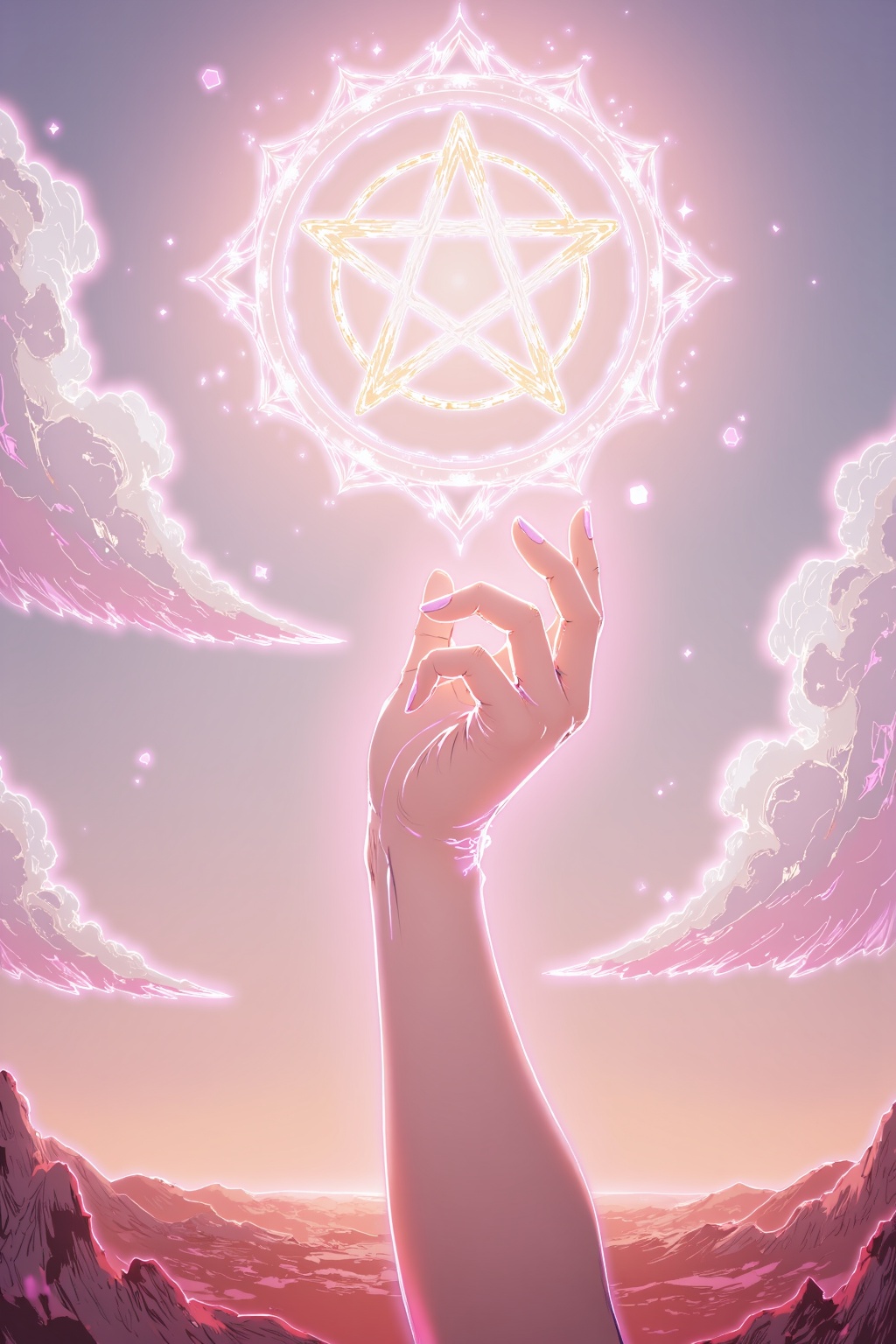 The central focus is a raised, glowing red hand with a clenched fist extending from the bottom center of the image towards the top. The hand appears to be reaching towards an ethereal, radiant circle floating in the sky. The circle is **** up of intricate, glowing, golden lines forming a pentagram or seal, with the center radiating bright white light that diffuses into the surrounding sky, creating a halo effect. The background is a gradient of soft pastel purples and pinks, blending into a lighter blue at the top, suggesting a magical or mystical atmosphere. Wispy, white clouds are scattered across the sky, adding to the dreamlike quality of the scene. The ground below is indistinct, with a hint of red and orange, possibly indicating a desert or rocky terrain. The overall mood is one of mystical power and energy, with the glowing hand and the ethereal circle symbolizing a magical or spiritual connection. 